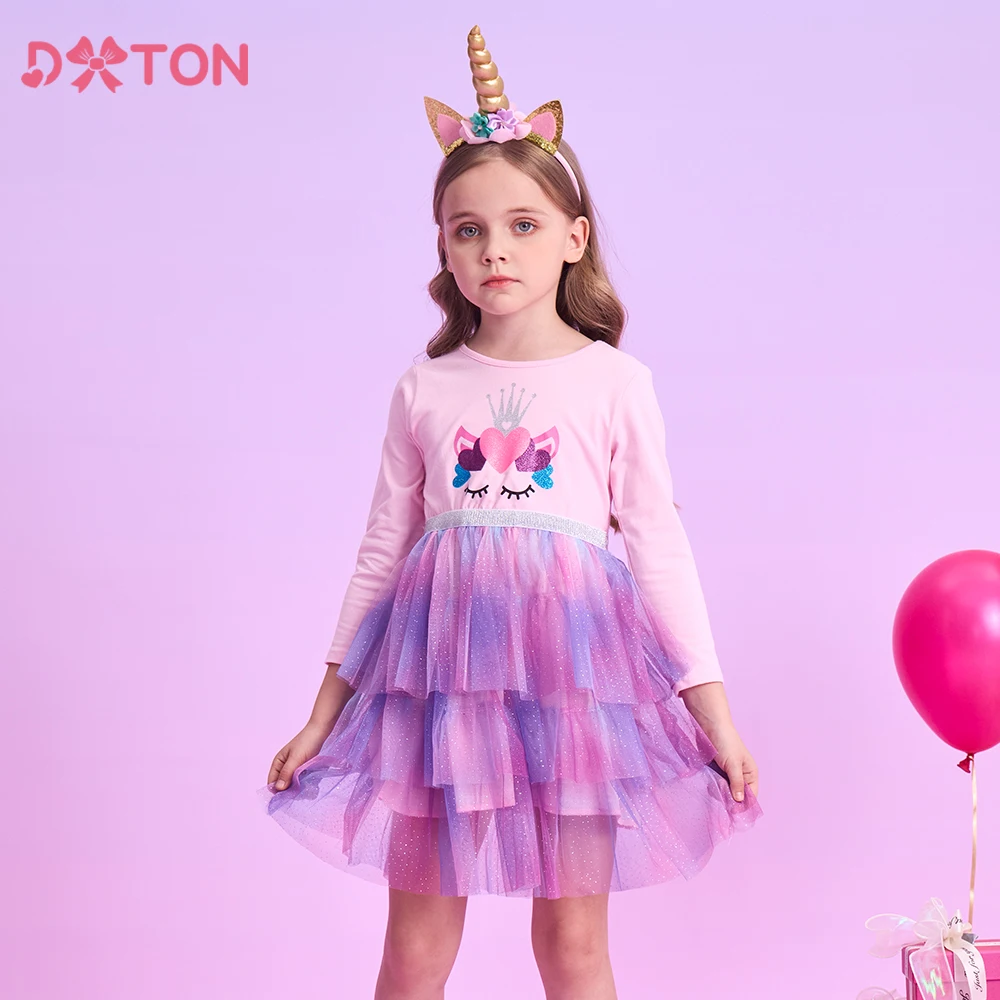 

DXTON Autumn Long Sleeve Girls Party Casual Clothes Gradient Tulle Layered Princess Dress Heart Crown Print Kids Dress For Girls