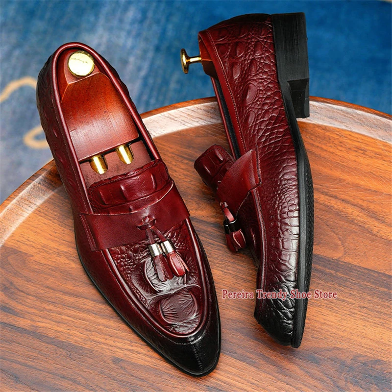 Tassel Design Crocodile Pattern Cowhide Loafers Men Summer New British Pointed Toe Genuine Leather Party Wedding Dress Shoes