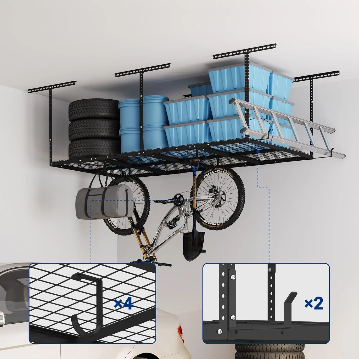 4x8 Overhead Metal Garage Storage Rack w/Hooks Adjustable Ceiling Storage Rack, 96