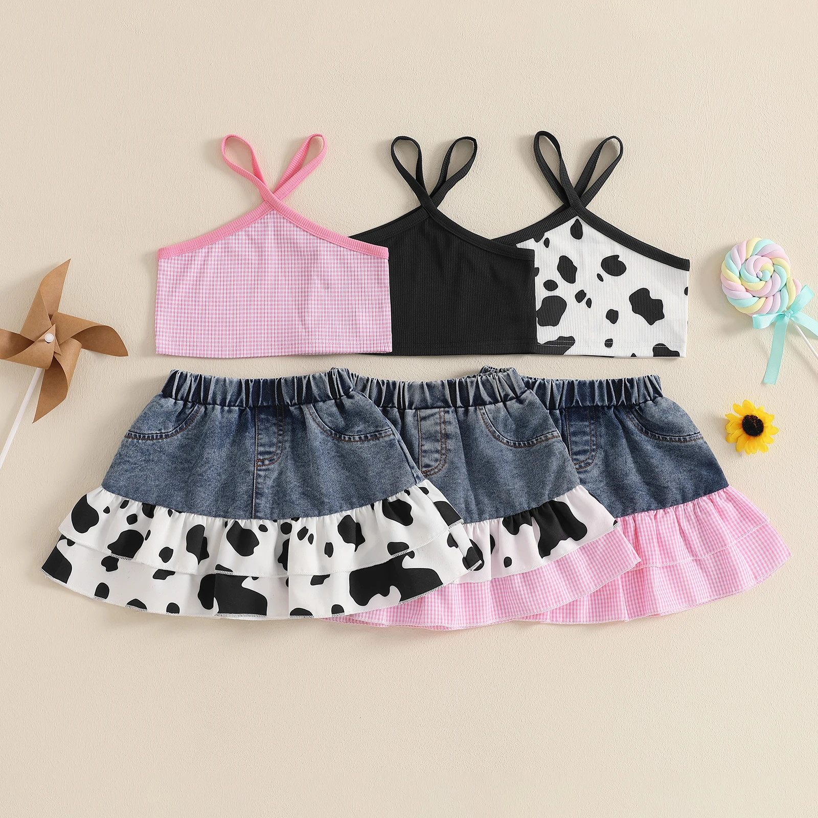 

Toddler Girl Summer Outfits Sleeveless Tank Tops Plaid/Cow Pattern Ruffles Patchwork Denim Skirts 2Pcs Clothes Set