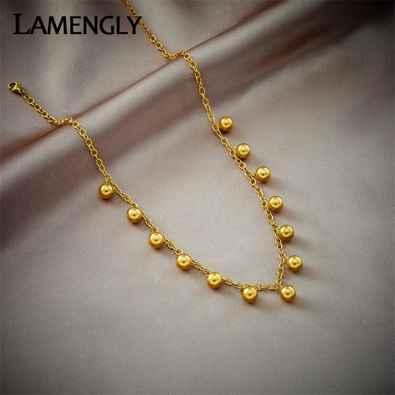 LAMENGLY 316L Stainless Steel Gold Color Ball Beads Pendant Necklace For Women Fashion Girls Clavicle Chain Choker Jewelry Gifts