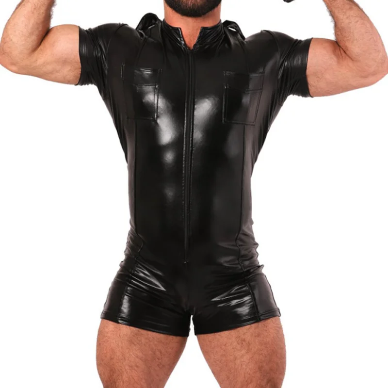 

Mens Wetlook Wear PVC Leather Jumpsuit Short Bodysuit Male Latex Pole Dance Sissy Costumes Fetish Gay Sexy Catsuit Pants