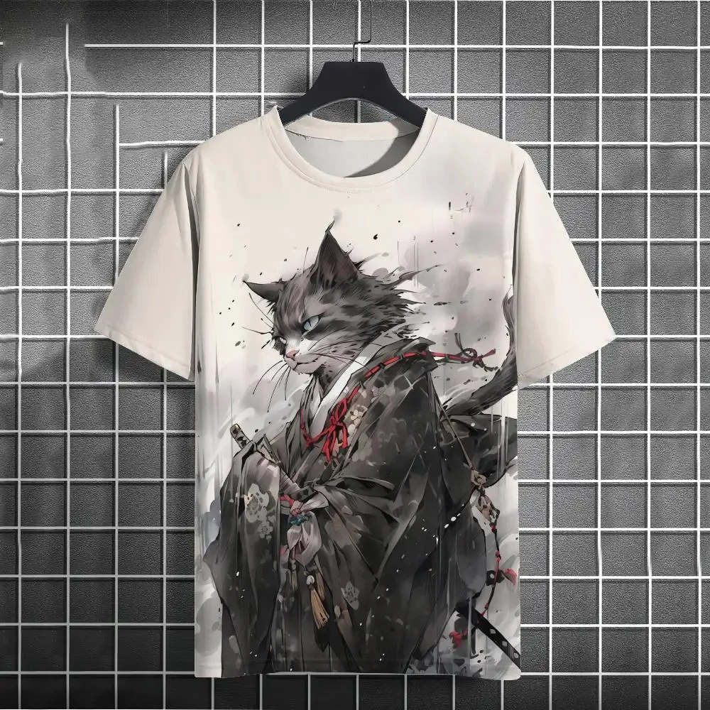 

Fashion Casual Cool Samurai Cat graphic t shirts Summer Men Trend Funny Hip Hop harajuku streetwear Animal Printed Short Sleeve