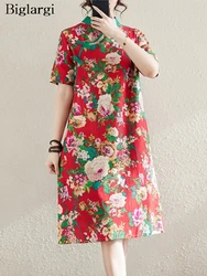 Oversized Summer Mini Chinese Style Flower Print Dress Women Short Sleeve Fashion Ladies Dresses Cotton Linen Loose Woman Dress