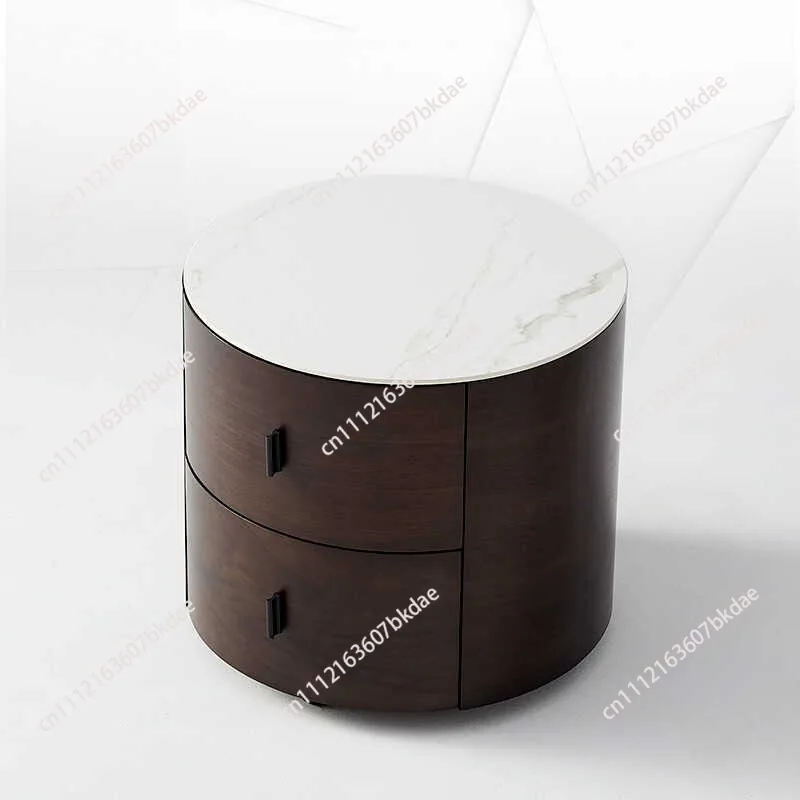 Italian minimalist round bedside table Smoked bedroom storage cabinet Solid wood rock slab bedside table Nordic 40CM small