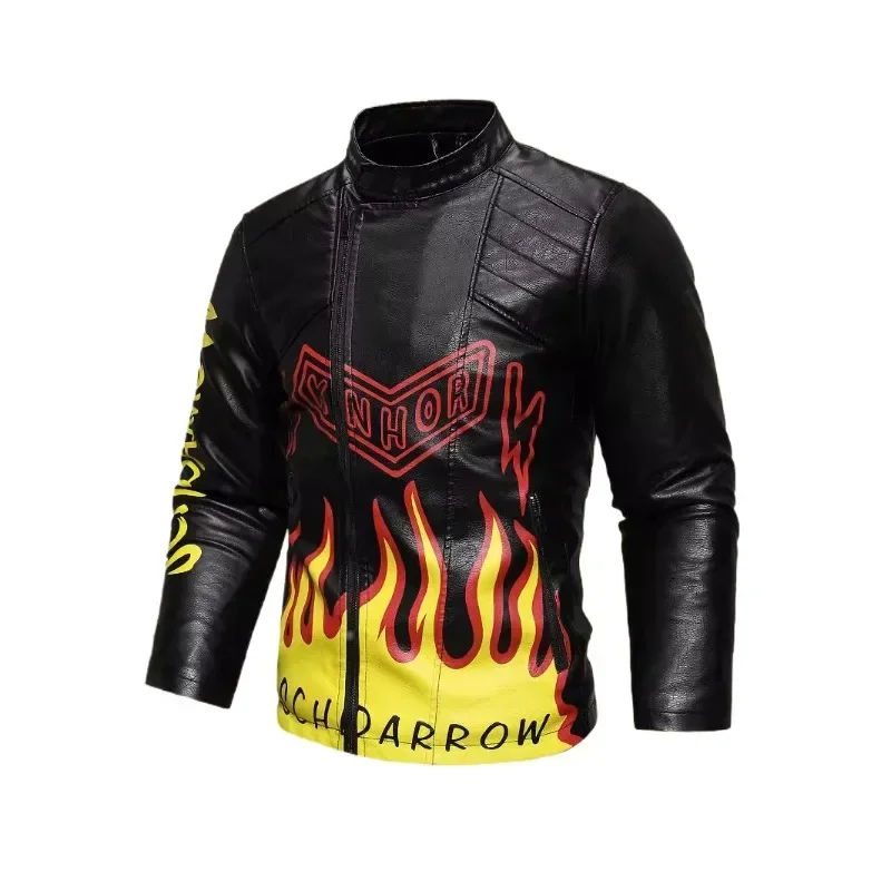 Men's PU Leather Autumn/Winter European and American Sizes Oblique Front Lapel Motorcycle Printed Halloween Leather Jacket