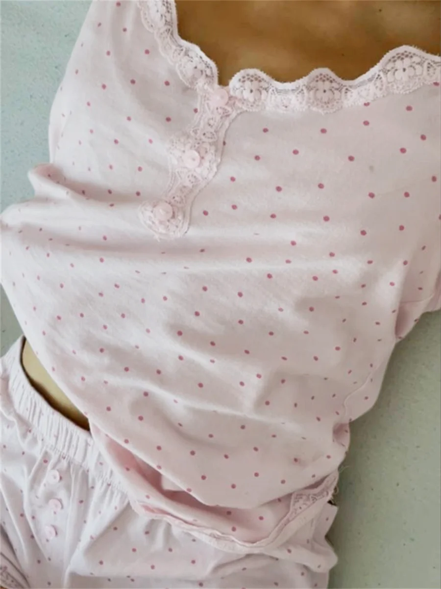 Cute Pink Poka Dot Baby 2 Piece Pjs Sets Lace Trim Button Details Camis Crop Tops + Mini Shorts Women Lounge Sleepwear