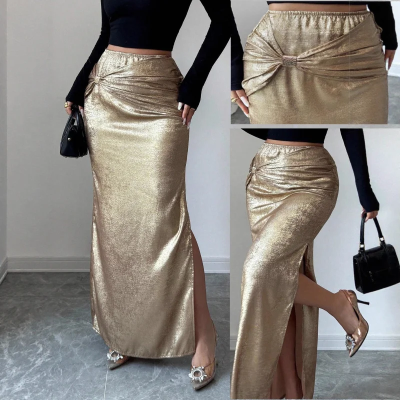 

European Code2025Autumn and Winter New Metal Decorated Pleated Bodycon Split Design Slimming Midi Skirt