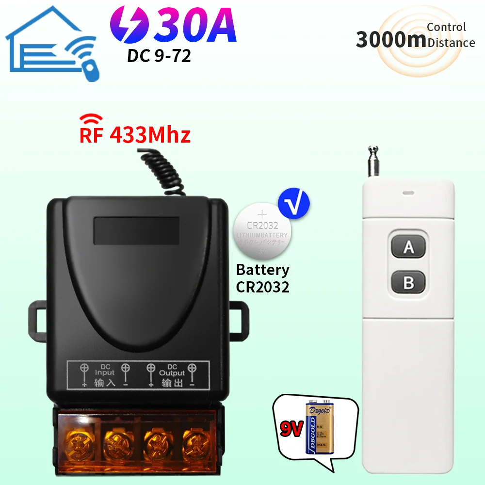Wireless remote control circuit breaker RF 433MHz DC 9-72V 30A converter, DC 12V on/off button, for water pump motor, with LED l