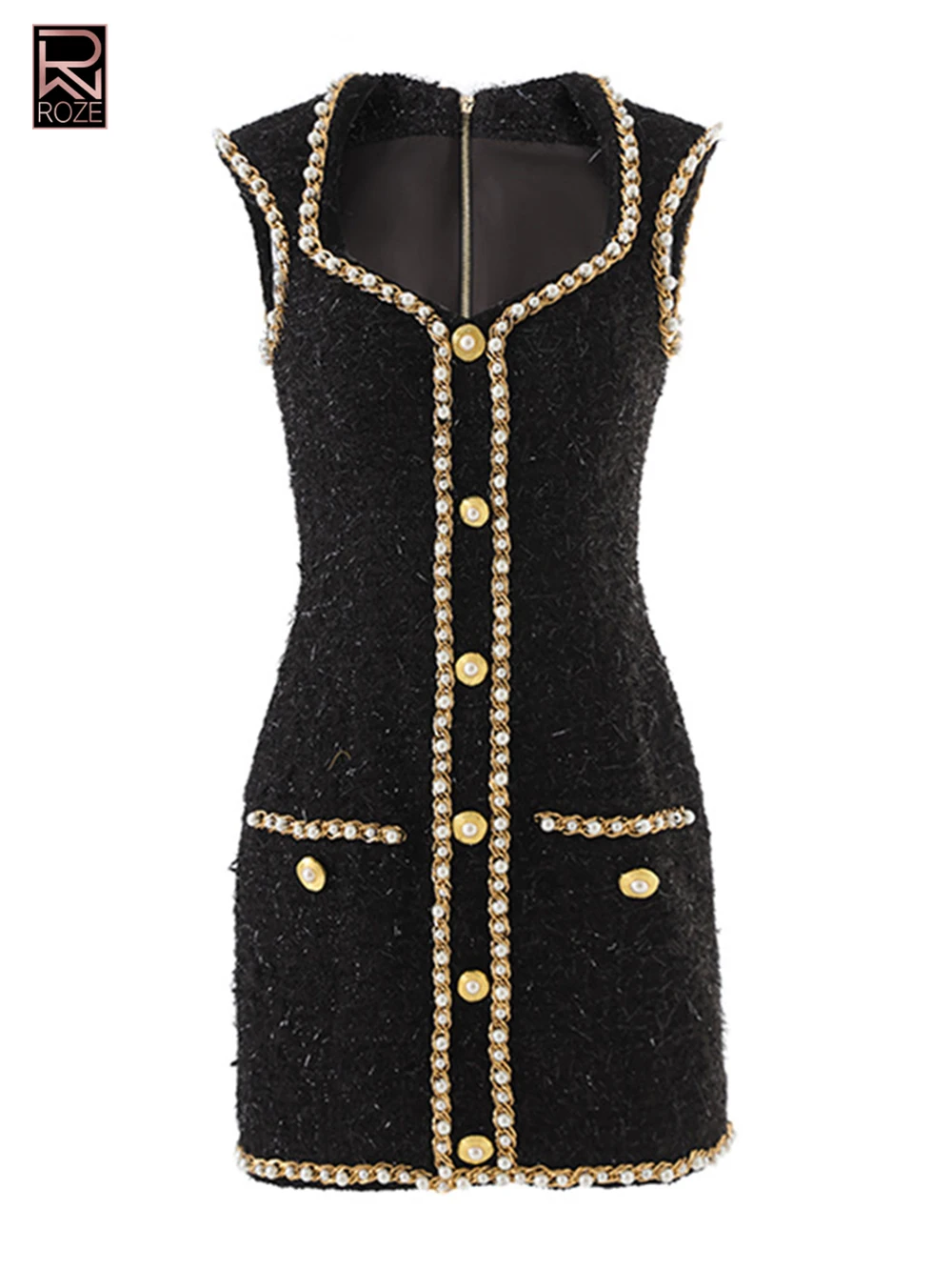 럭셔리 진주 체인 숏 트위드 드레스 여성 싱글 브레스티드 장식 민소매 슬림 미니 드레스 여성 이브닝 파티