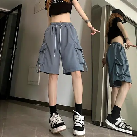 높은 허리 대형 카고 반바지 여성 2025 여름 Y2K 레트로 헐렁한 짧은 바지 느슨한 streetwear 포켓 캐주얼 복장 바지