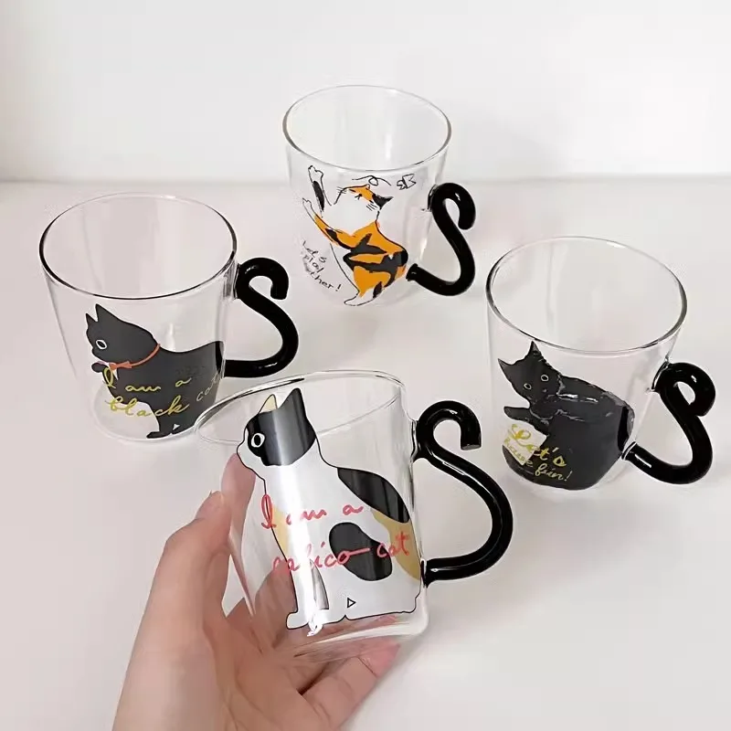 Japan Style 300ML Cute Cat Glass Water Cup Milk Tea Tea Cup Kitty Coffee Mug with Cat Tail Handle Drinkware