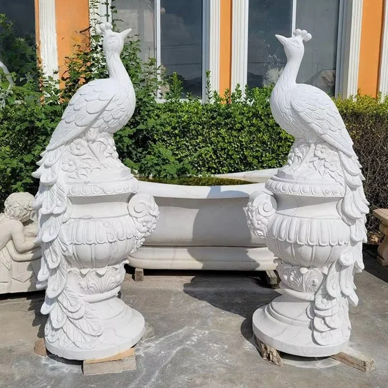 Home garden decoration large hand carved animal statue flower pot peacock marble flower pot