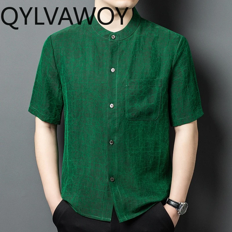 QYLVAWOY Heavyweight Men's Shirts 100% Mulberry Silk Summer Shirt Short Sleeve Chinese Style clothes Shirts for Men Ropa Hombre