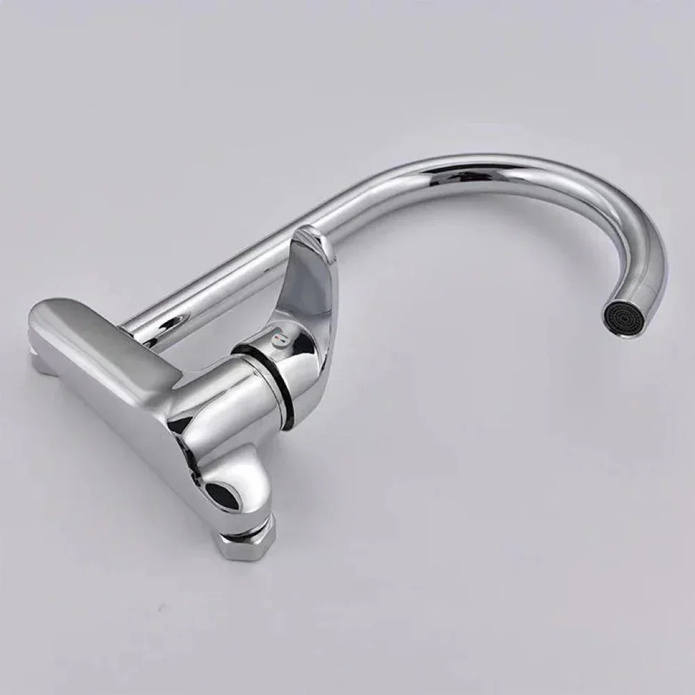 Kitchen Faucet Wall Mounted Cold And Hot Faucet Double Hole Balcony Sink Tap Rotating Single Handle Brass Chrome Kitchen Faucet