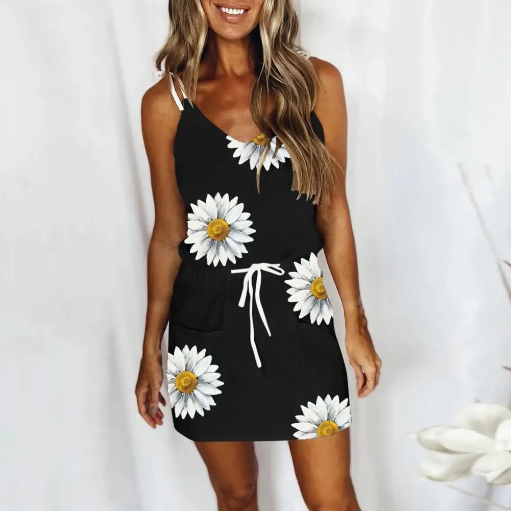 Women Strappy Dress Backless Sleeveless Geometric Flower Print Drawstring Tight Waist Slim Fit V Neck Above Knee Mini Dress