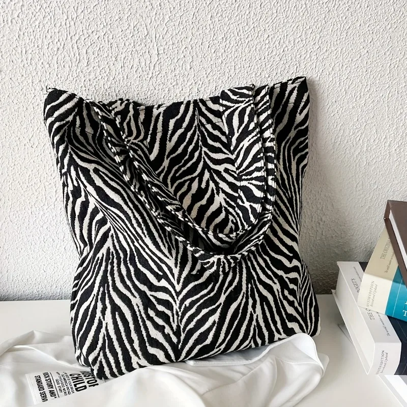 1pcs Zebra Print Tote Bag, Large Capacity Cotton Shoulder Bag for Autumn Travel - Minimalist Solid Color Casual Stylish Carry