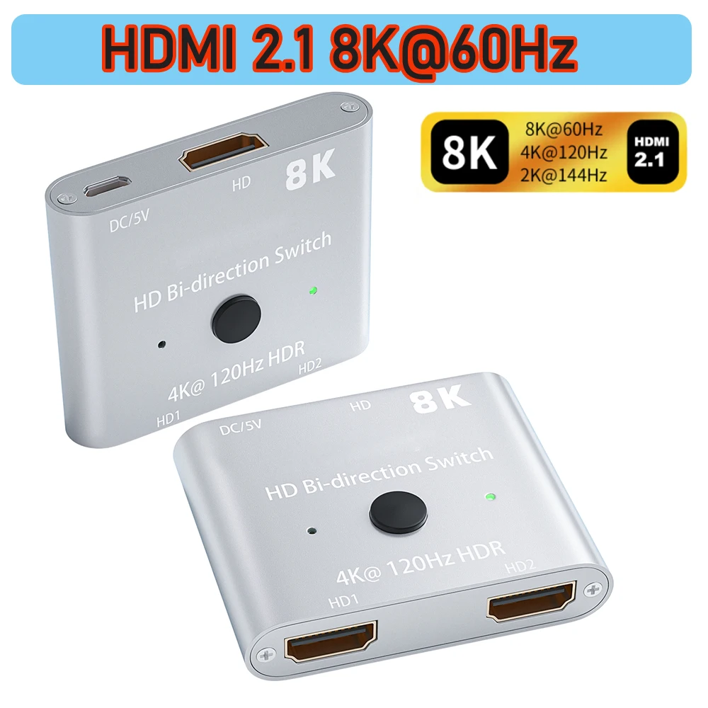 8K HDMI 2.1 przełącznik splitter 4K 60Hz Bi-direction HDMI 2.0 przejściówka HDMI AB przełącznik Splitter 1x2 lub 2x1 dla PS5 Xbox PS4