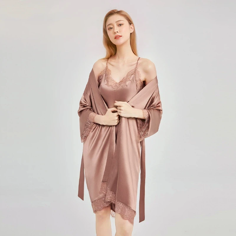 

Женский шелковый халат и платье-комбинация 19 Momme, 2 шт., кимоно из 100% тутового шелка, сорочка, ночная рубашка, весенне-осенняя одежда для дома, пижамы