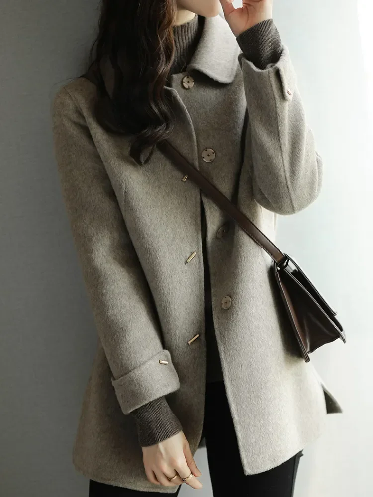 Autumn Winter Woolen Coat Mid Length Version Fashion Lady Square Collar Single Breasted Advanced Sense Coats  Wide-waisted 2023