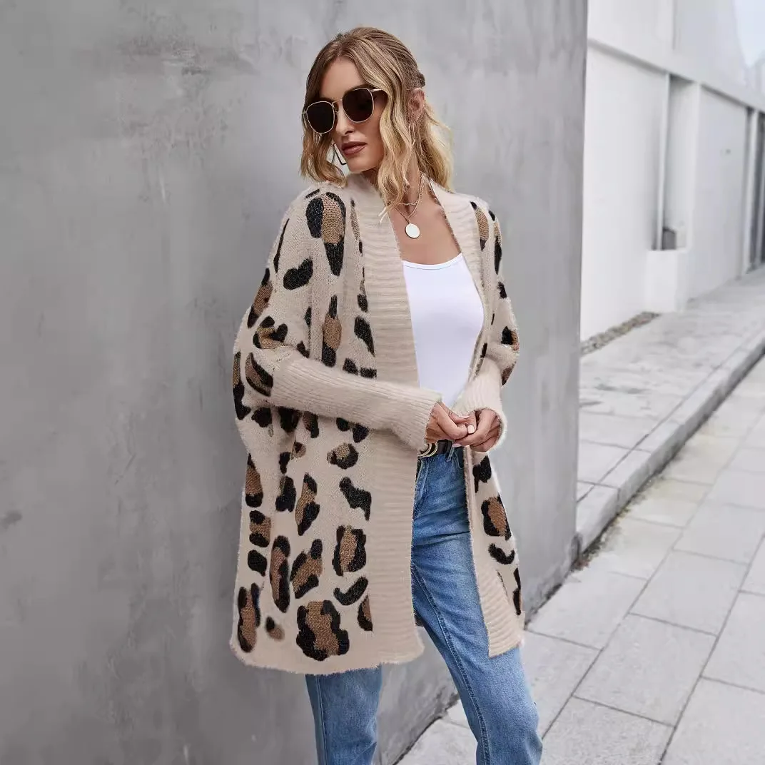 Women Cardigan Sweaters Knitted Long Coats Full Sleeve Jumpers Y2k Streetwear Elegant Splice Knit Leopard Print Autumn Winter