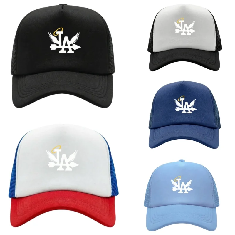 Gorra de béisbol ajustable con estampado LA Angel, gorra clásica con cierre a presión, gorra de malla transpirable para golf, pesca y actividades al aire libre.