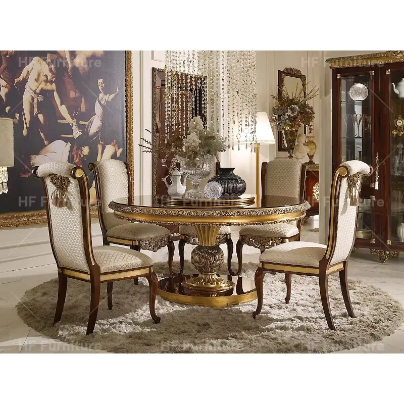 French Style High Quality Dining Table Hand Carved Wooden Gold Foil Royal Design Dining Room Furniture Set