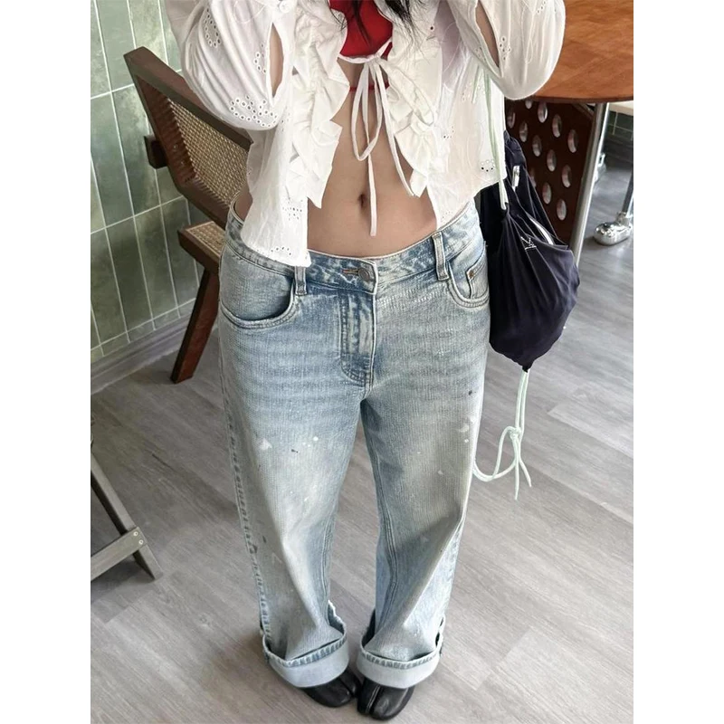 秋冬ヴィンテージシックなボタンジーンズ女性アメリカンシンプルなゆったりハイウエストデニムパンツウォッシュドY2Kワイドレッグジーンズパンツ