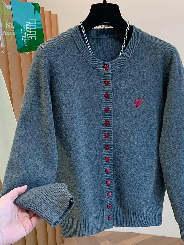 Korean Sle Soft Knitted Pure Color round Ne Embroidered Casual ort Svel Spring Cardigan for Women