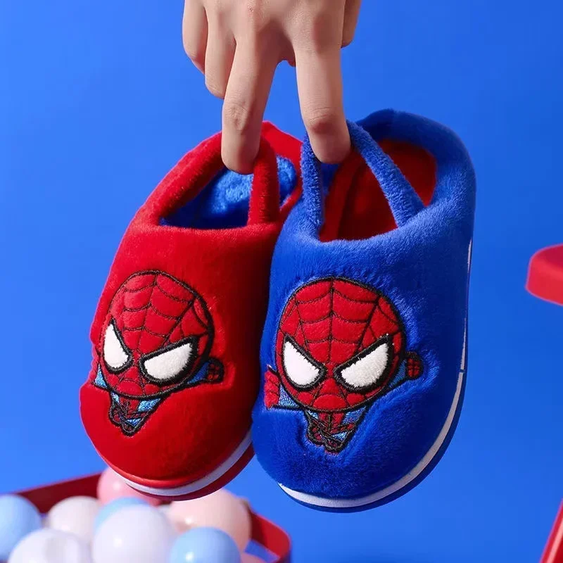 Autumn Winter Disney Baby Boy Girl Cotton Slippers Cartoon Spiderman Print Kid Keep Warm Indoor Anti-slip Home Shoes 160 170 180