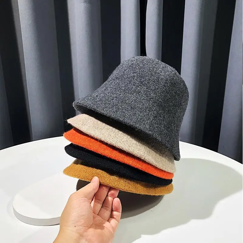 2022  Autumn winter dome wool warm knitted Bucket Hat Women fashion simple black woolen yarn basin cap Vintage weave casual hat