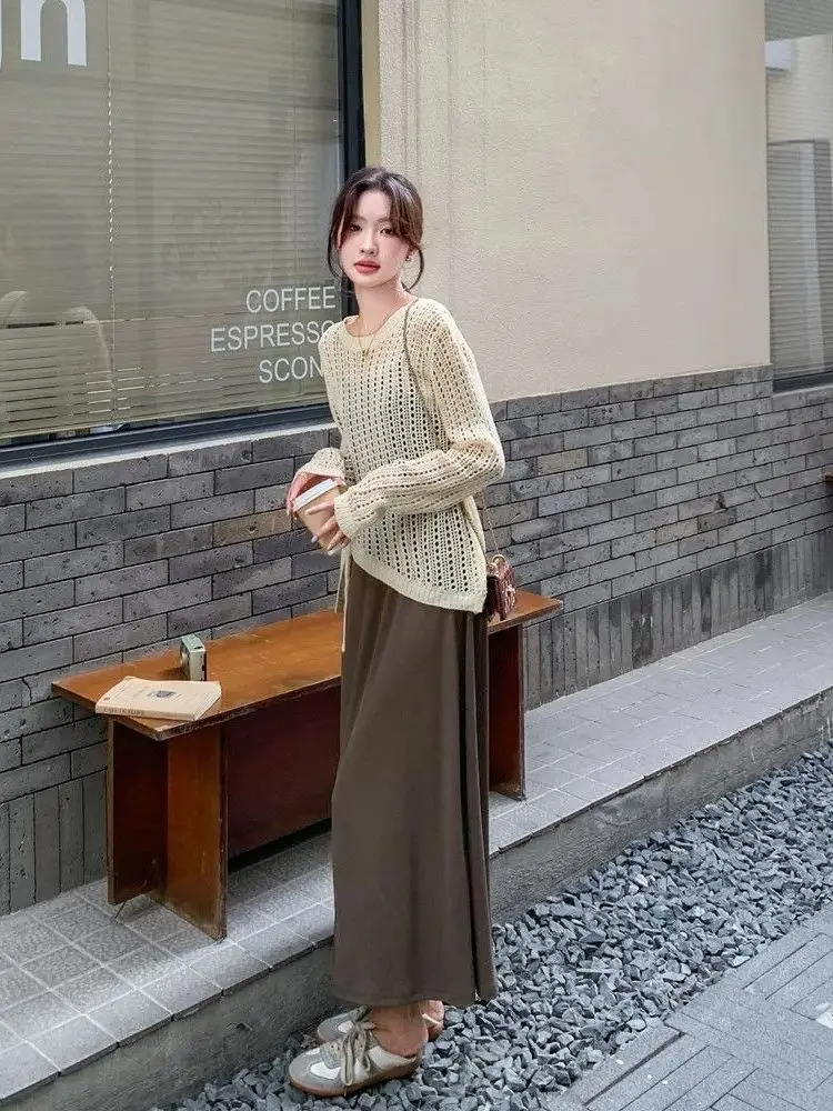 Korean Style Loose Knitted Long Sleeve Shirt Women's Thin Transparent Belted Waist Design Casual Atmosphere Sensation Top