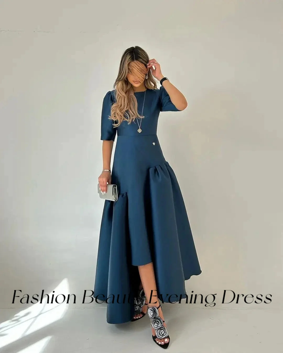 Fashion Beauty Navy Blue Satin Evening Dresses Asymmetrical Short Sleeve Formal Gowns For Women 2024 Vestidos De Graduation