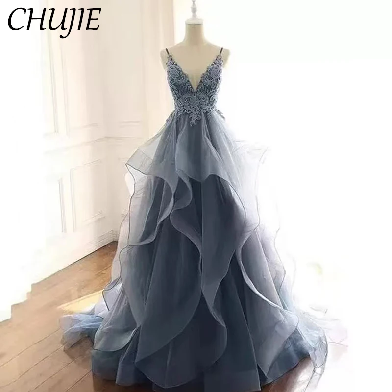 

CHUJIE Кружевные аппликации, платья для выпускного вечера, бальное платье, женское роскошное вечернее платье из тюля, свадебные платья по индивидуальному заказу, халат, платье макси