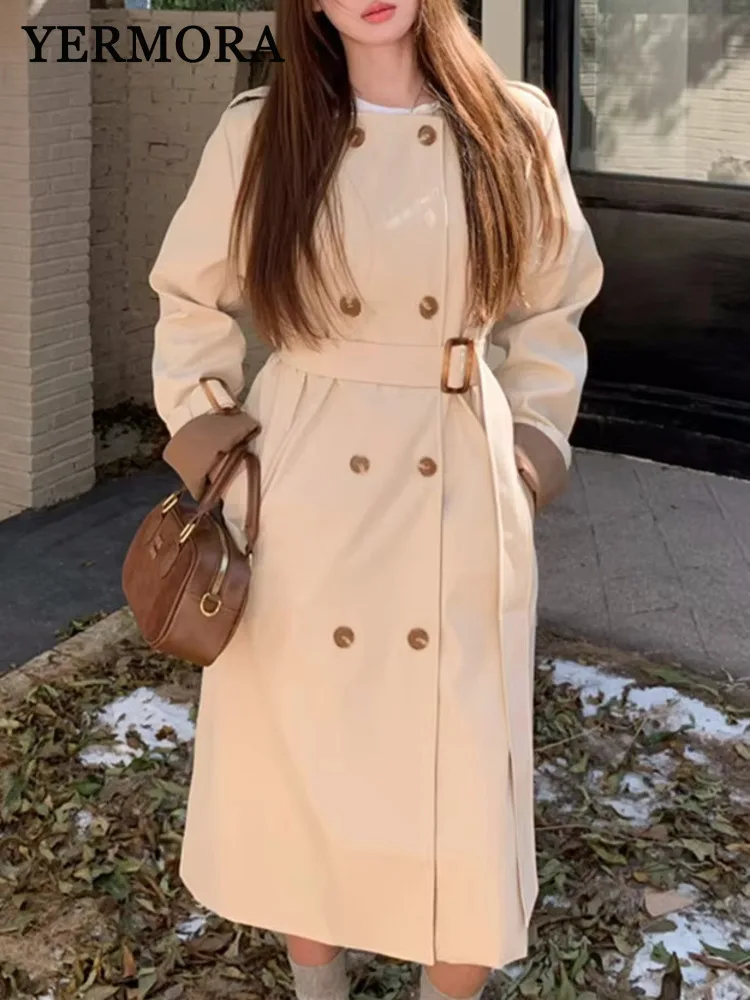 

YERMORA Color-block Belted Casual Trenxh For Women Lapel Long Sleeve Loose Fit Windbreaker Fashion Tide Spring Autumn 2025