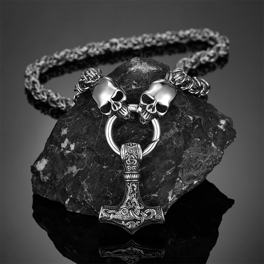 Norse Mythology Thor's Hammer Skull Necklaces Men Stainless Steel Mjolnir Pendant Amulet Vikings Scandinavian Charm Male Jewelry