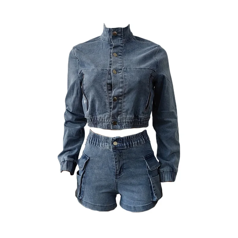 

Benuynffy Single Breasted Long Sleeve Cropped Denim Jacket Women Y2k Streetwear Elastic Waist Cargo Jean Shorts 2 Piece Sets