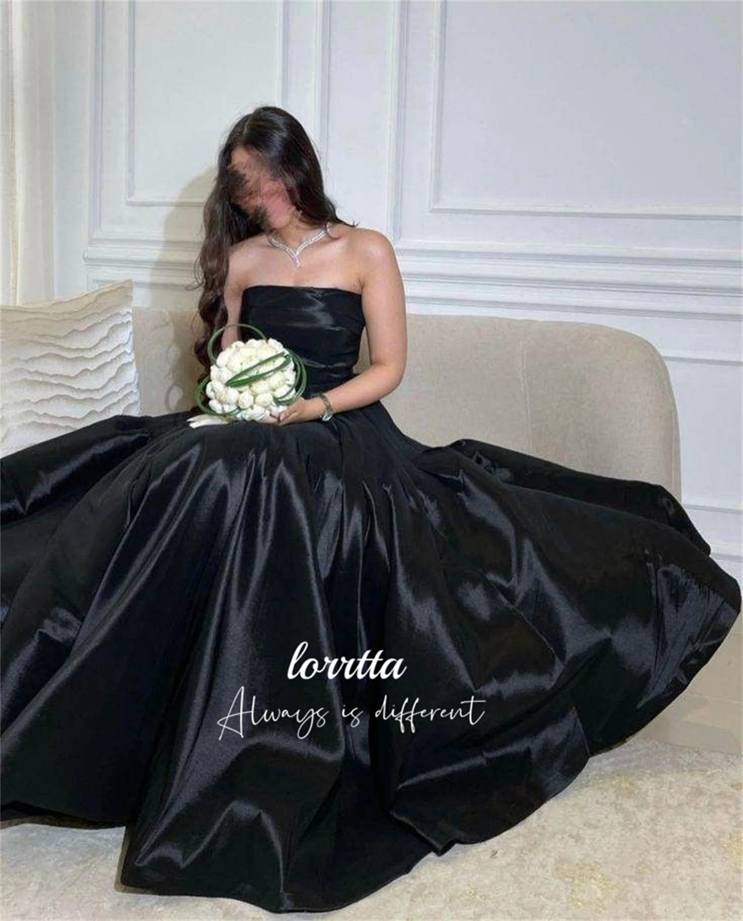 Lorrtta Black Eid Dress Strapless Glossy Fabric Line A Party Elegant Evening Dresses 2024 Luxury Happy Prom Customized