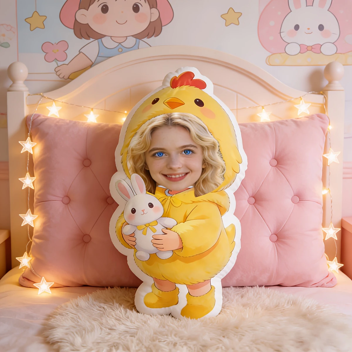 Customize a Personalized Pillow, Create a Pillow with Your Face. The Pillow Features a Cartoon Duck Holding a Rabbit Design, Mak