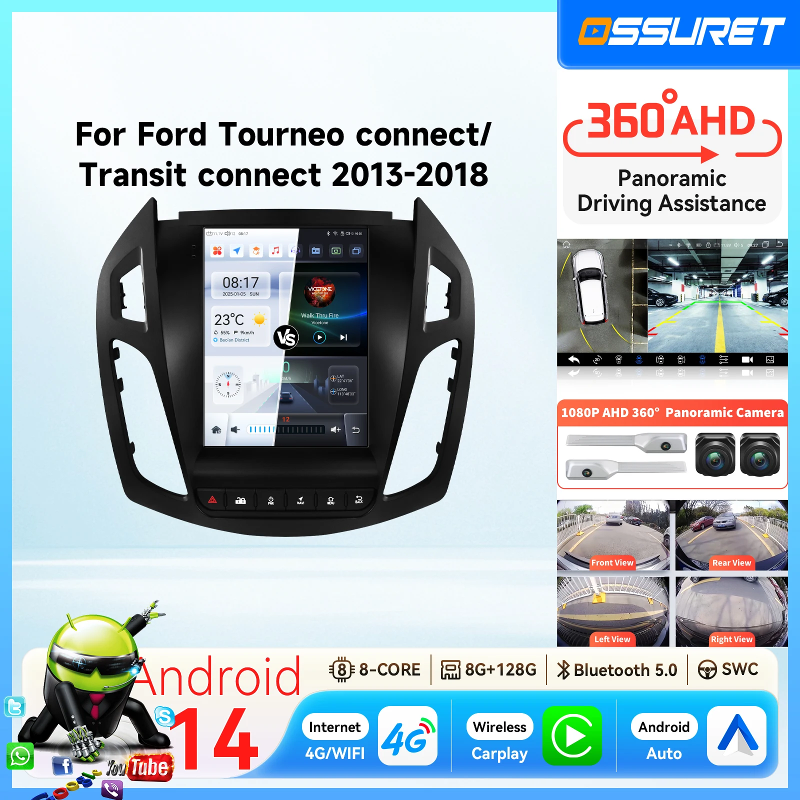 Autoradio Android 14 Stile Tesla da 9.7'' per FORD Transit/Tourneo Connect 2013-2018, Lettore Multimediale con Carplay, Telecamera 360, GPS Stereo 2DIN, Schermo Intelligente 7862