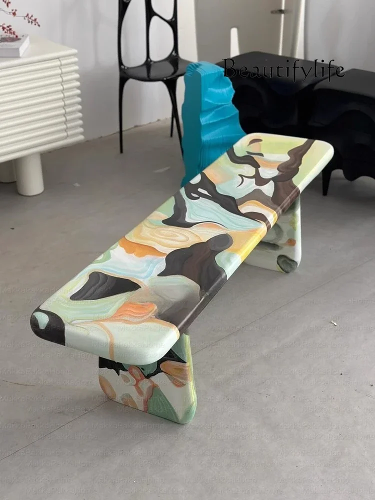 

Designer creative light luxury painted solid wood bench personality art oil painting casual shoe changing stool