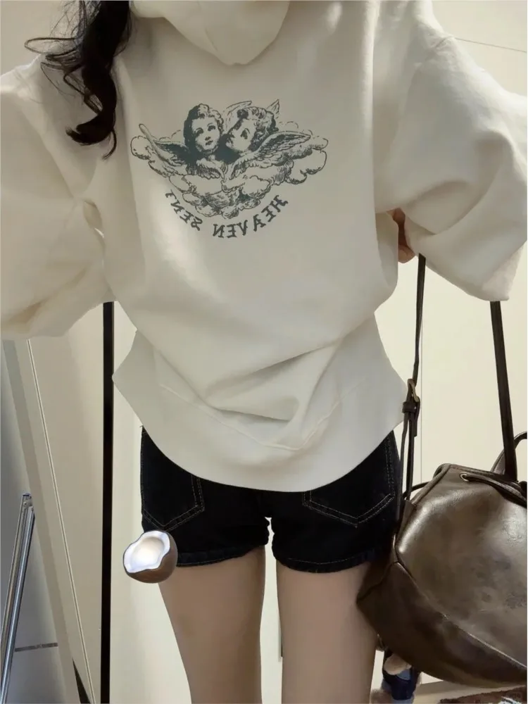 White Vintage Zip-up Hoodies Women Autumn Long Sleeve Pocket Loose Terry Sweatshirts Simple Casual Fashion Sport Jacket New Y2K