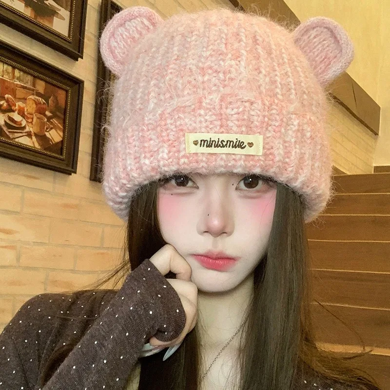 Autumn Winter Thick Bear Ear Beanie Women Warm Chunky Knit Hat Cute Plush Fuzzy Cap Cold Proof Soft Lined Adorable Hat