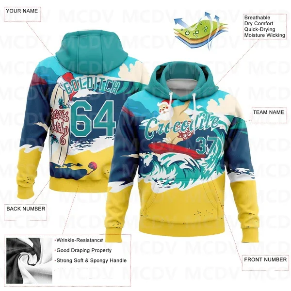 

Custom Stitched Navy Aqua-Gold 3D Tropical Christmas Seaside Holiday Surfing Santa Sports Pullover Sweatshirt Hoodie