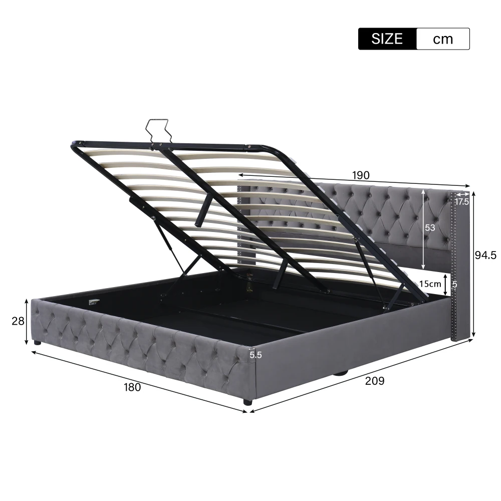Gepolstertes Doppelbett aus schwarzem Samtflanell mit Nietenknopf und hydraulischem Stauraum (ohne Matratze), 160 x 200 cm oder 180 x 200 cm – Detail 15