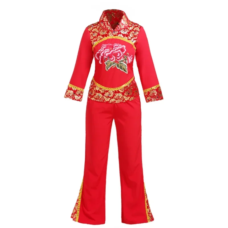 Fan tradizionale cinese Danza Yangko Abbigliamento da ballo Costumi nazionali classici Rosso Verde Abbigliamento Hanfu Spettacolo di danza popolare