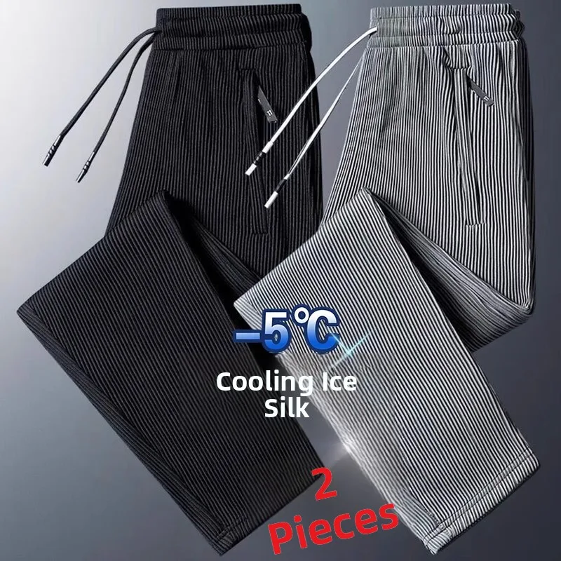 

Мужские летние тонкие брюки из ледяного шелка с карманами и молнией, свободного кроя, с манжетами, повседневные, молодежные, модные, эксклюзивно онлайн