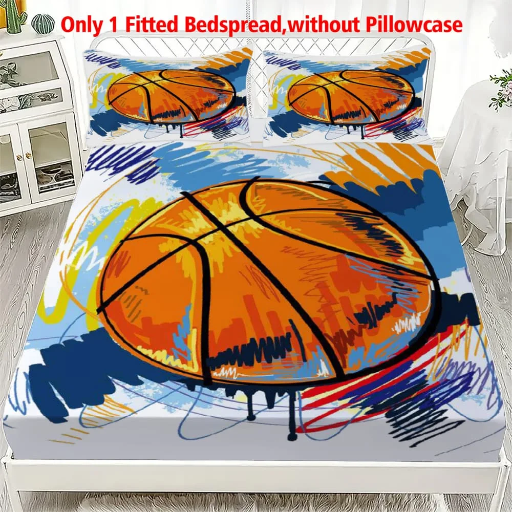 1pc Sábana Ajustable con Estampado de Baloncesto, Funda de Colchón Elástica de Bolsillo Profundo, Decoración para Dormitorio Individual, Doble, Queen, King