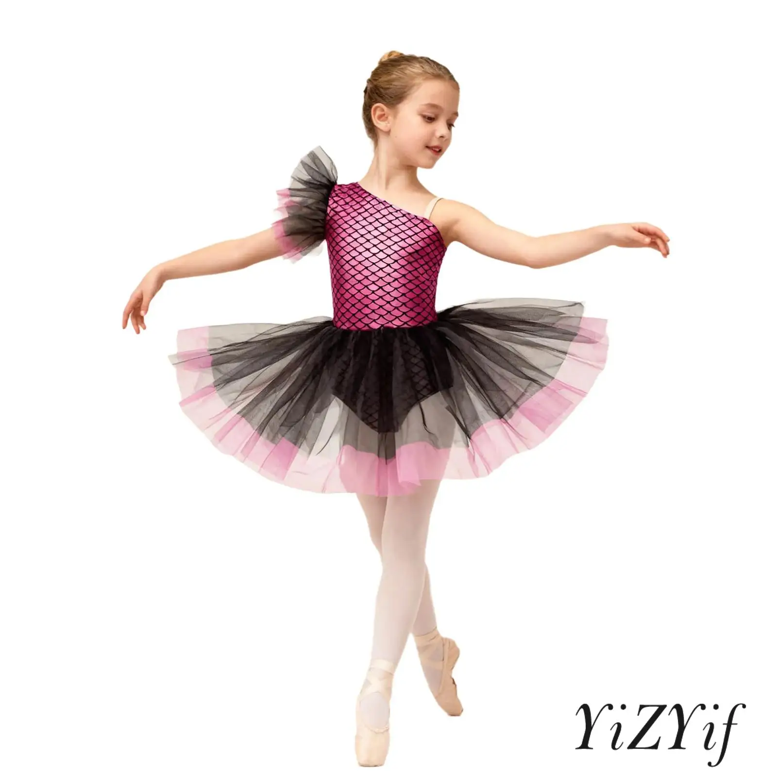 

Girls Halloween Ballerina Costume One Shoulder Sleeveless Mermaid Fish Scales Print Tutu Dress Ballet Leotard Lyrical Dancewear