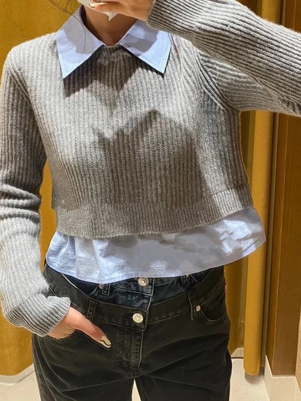 

Versatile ort Knitted Sweater irt Collar Fake Two-Piece Autumn Winter Wool Blend Ladies Faion DBNY Multi-Functional Top